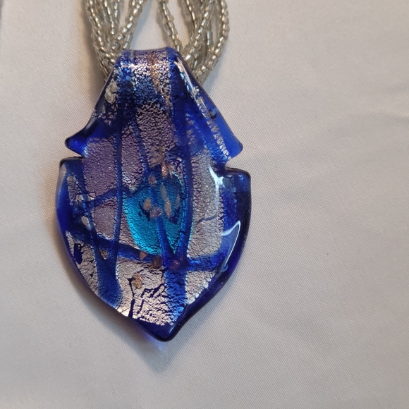 Vintage Six Strand Beaded Blue and Silver Glass Pendant Necklace - Picture 4 of 9